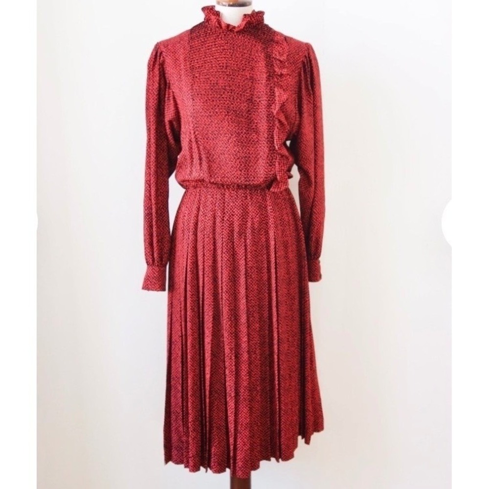Vintage 80s‎ Albert Nipon Silk Ruffle Pleated Midi Dress Red Black
